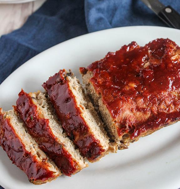 Turkey meatloaf sliced on a plate