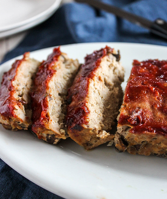 Close up of turkey meatloaf sliced on a plate