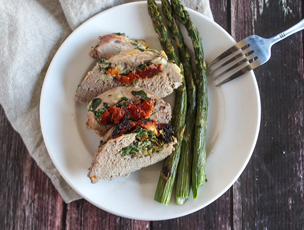 Pork tenderloin and asparagus on a plate