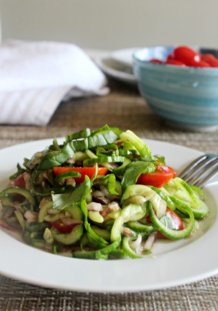 Spiralized cucumber tomato salad with basil and balsamic vinegar Simple and savory.com