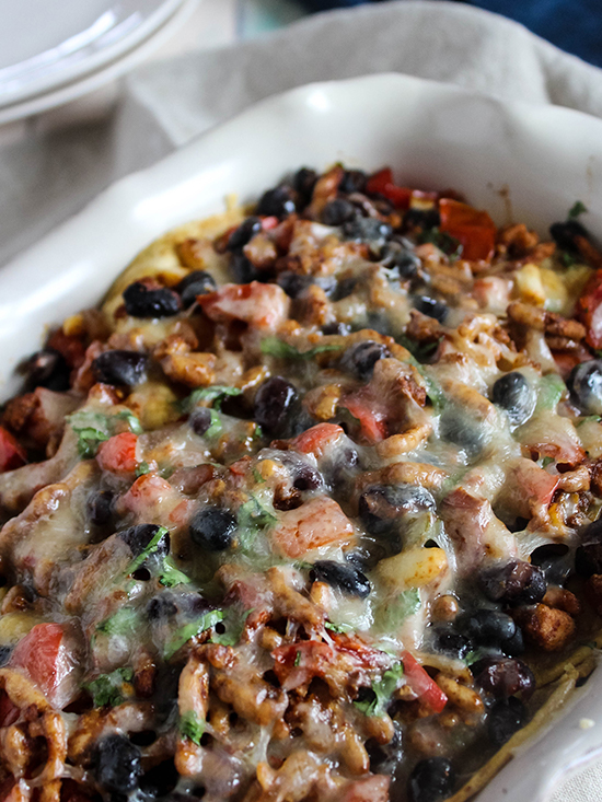 Chicken and black bean casserole in a casserole dish 