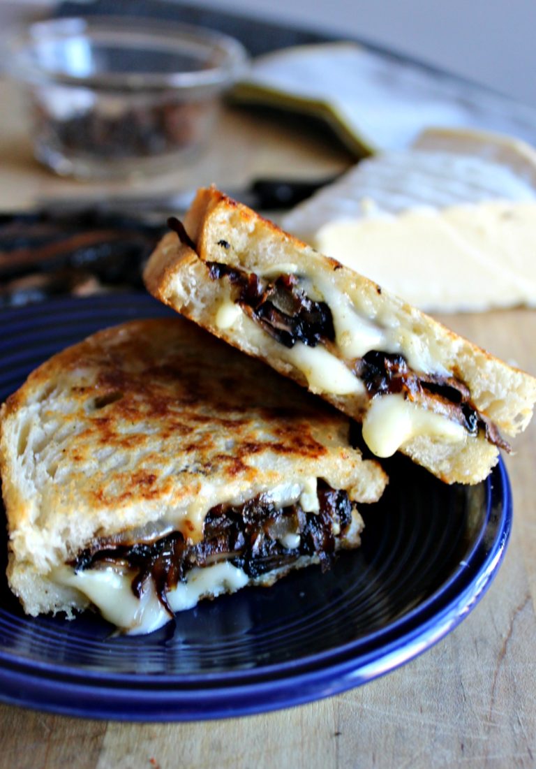 Grilled Brie Cheese with Smoky Portabellos and Caramelized Onions