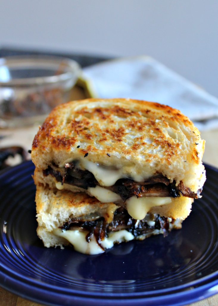 grilled brie cheese with smoky portobellos and caramelized onions