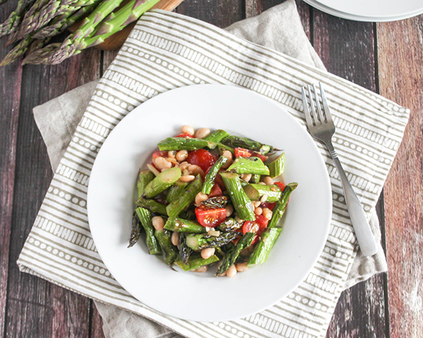 an overhead picture of grilled asparagus salad