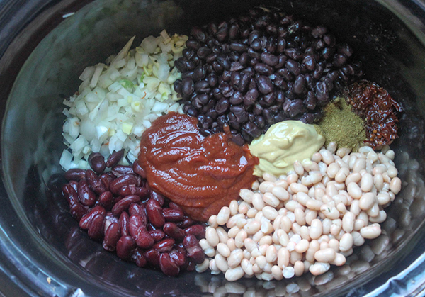 ingredients for slow cooked beans in a crock pot