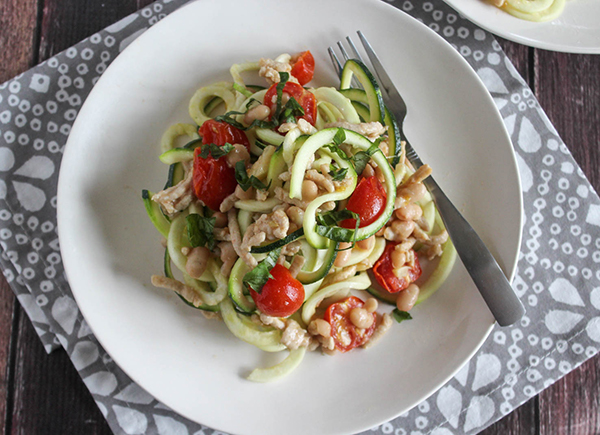 zucchini noodles with chicken on a plate