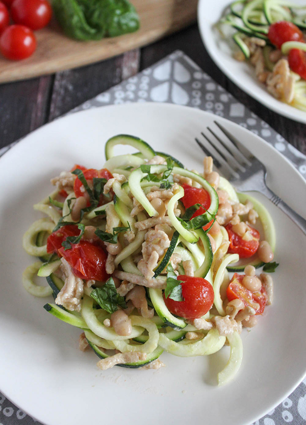 Zucchini and chicken on a plate with a fork