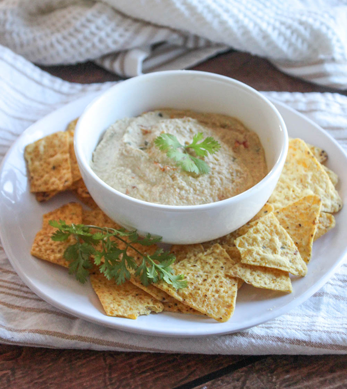 queso dip in a bowl with chips around it.