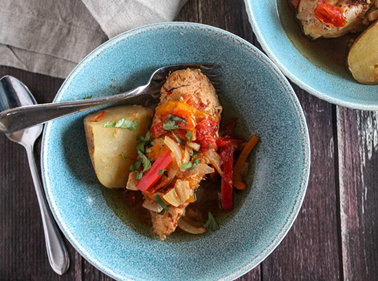 an overhead view of chicken stew ina bowl