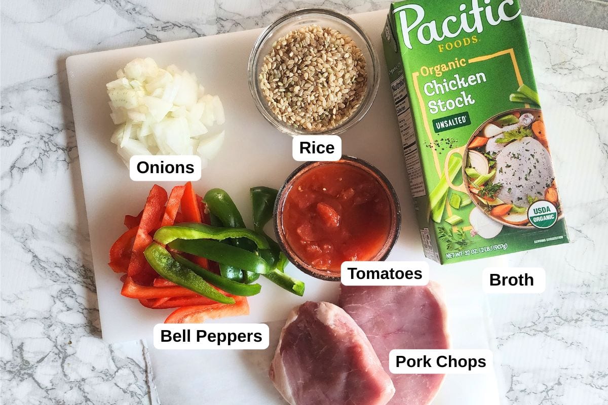a picture of ingredients needed to make pork chops and rice