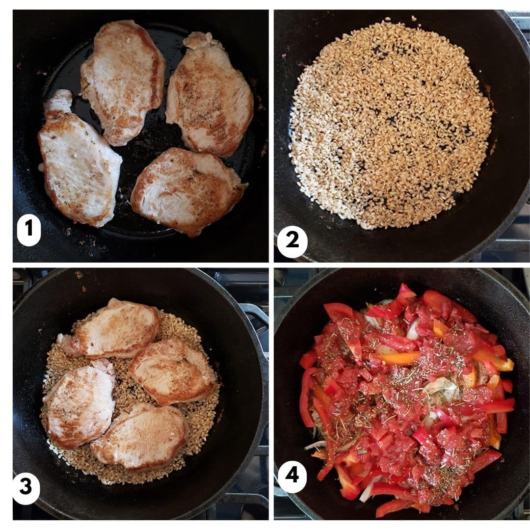 A collage of four photos showing the steps necessary to make this recipe: brown the chops, toast the rice, place chops on top of rice in skilled, add veggies