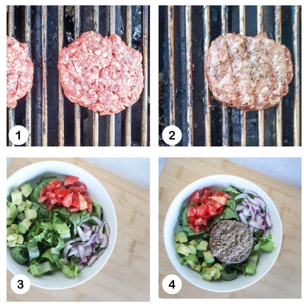 a collage showing the steps to make a burger bowl. which are grill the burgers, add salad ingredients to a bowl, add the burger and dressing to the bowl 