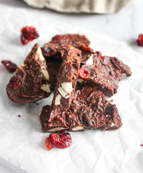 PIeces Cranberry Almond bark on parchment paper