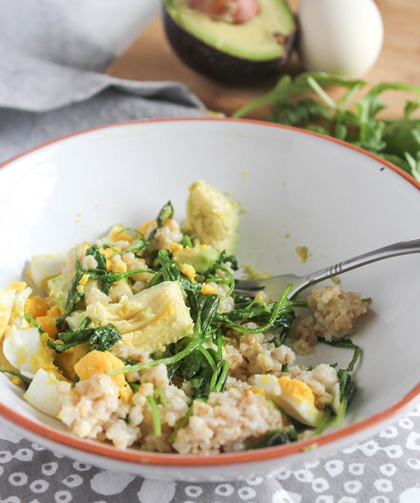 ingredients in savory breakfast bowl all mixed together