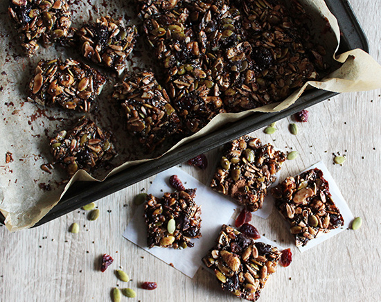 chocolate grain free granola bars overhead view