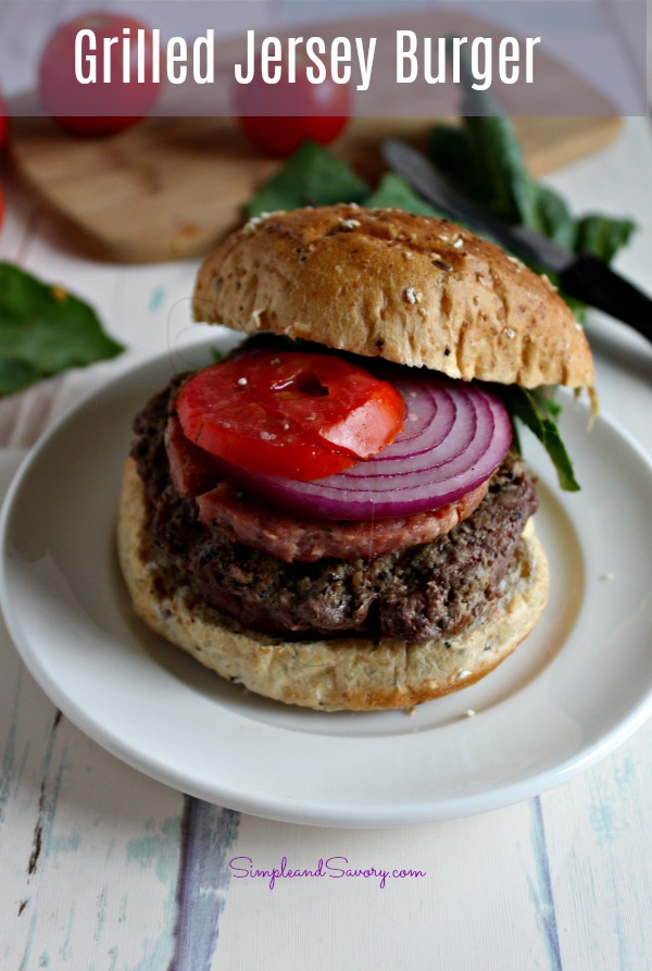 Grilled Jersey burger made with grass fed beef and uncured pork roll simple and savory