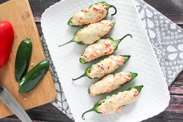 overhead view of stuffed grilled jalapeno poppers