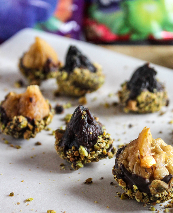 Chocolate dipped figs with pistachios