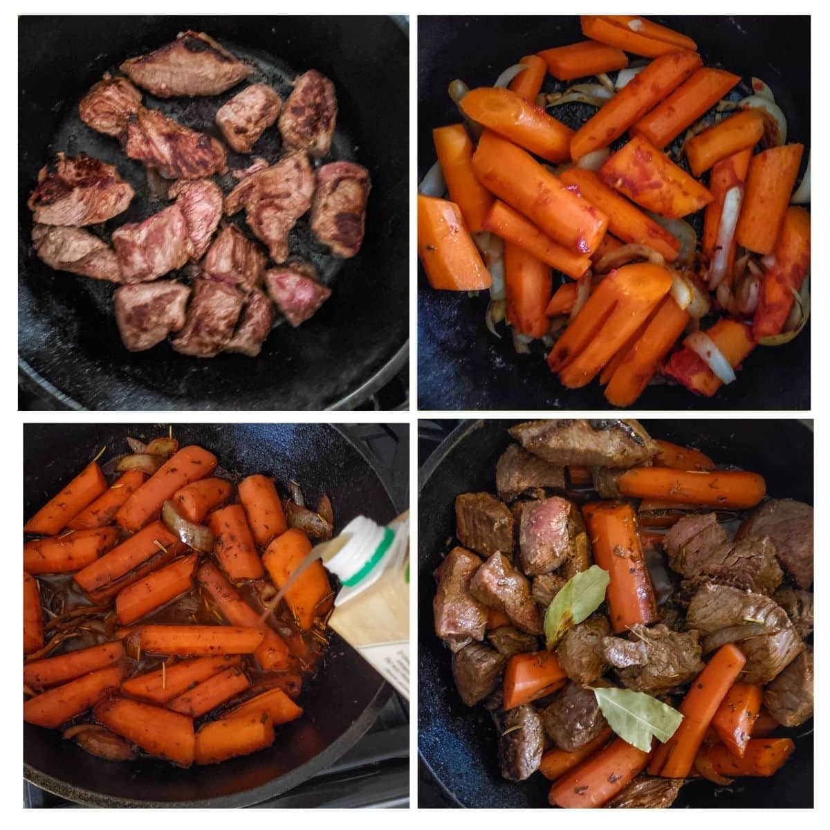 a collage of 4 photos showing steps to make beef stew
