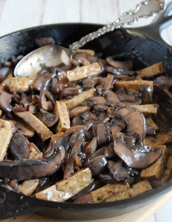 mushroom tofu stroganoff in a skillet 