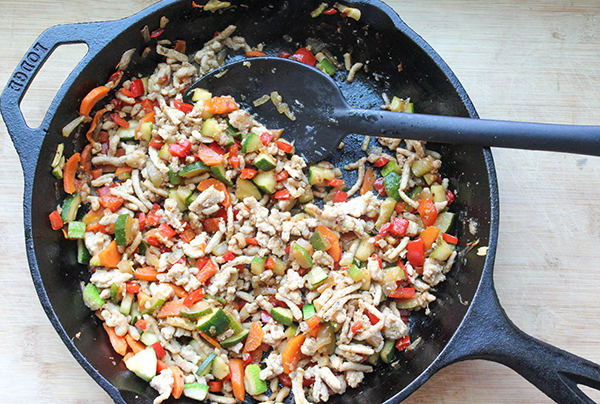 the filling for lettuce wraps cooked in a skillet