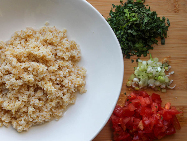 tabbouleh ingredients on a cutting board