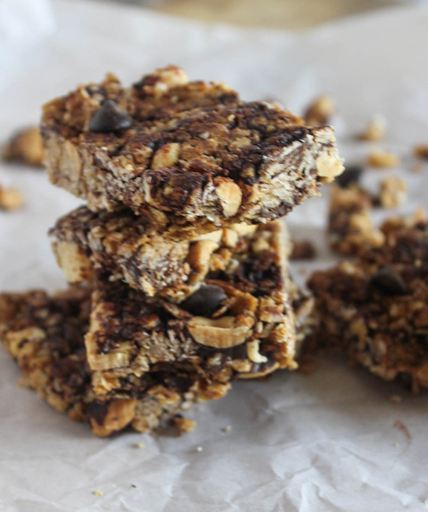 Chocolate chip peanut butter granola bars piled up
