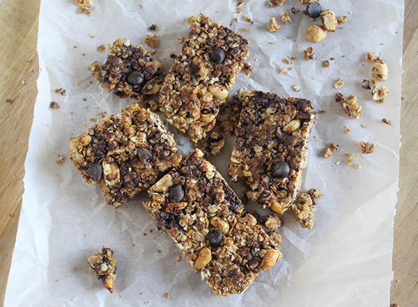 An overhead view of chocolate chip peanut butter granola bars