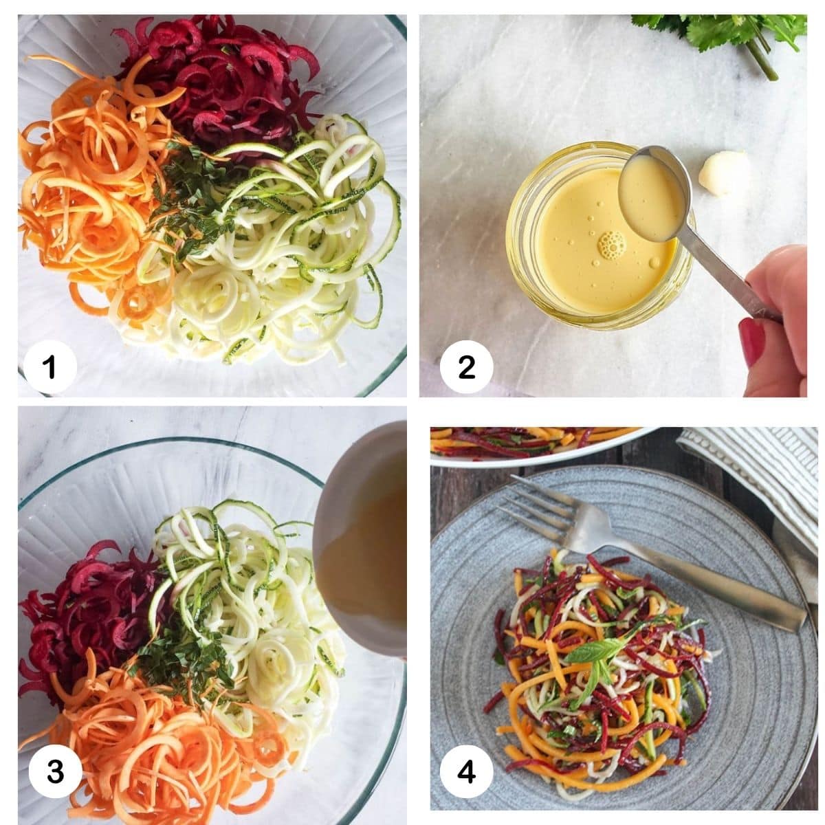a collage of photos needed to make spiralized beet salad: add zoodles to bowl, mix dressing, add dressing to salad and serve