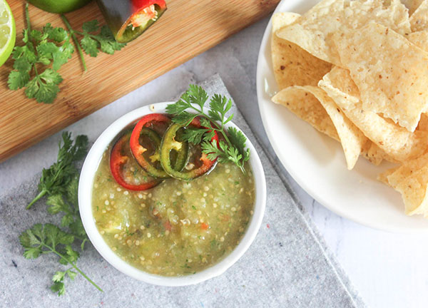 overhead view of roasted tomatillo salsa 