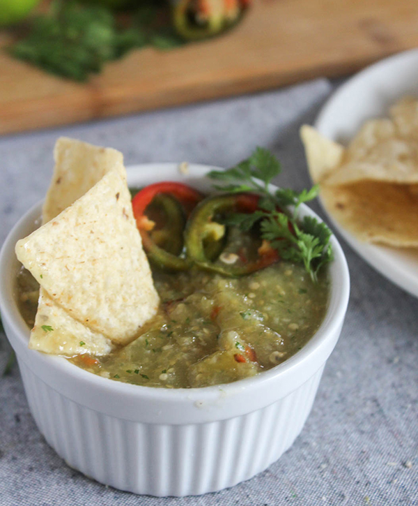 roasted tomatillo salsa verde with a chip