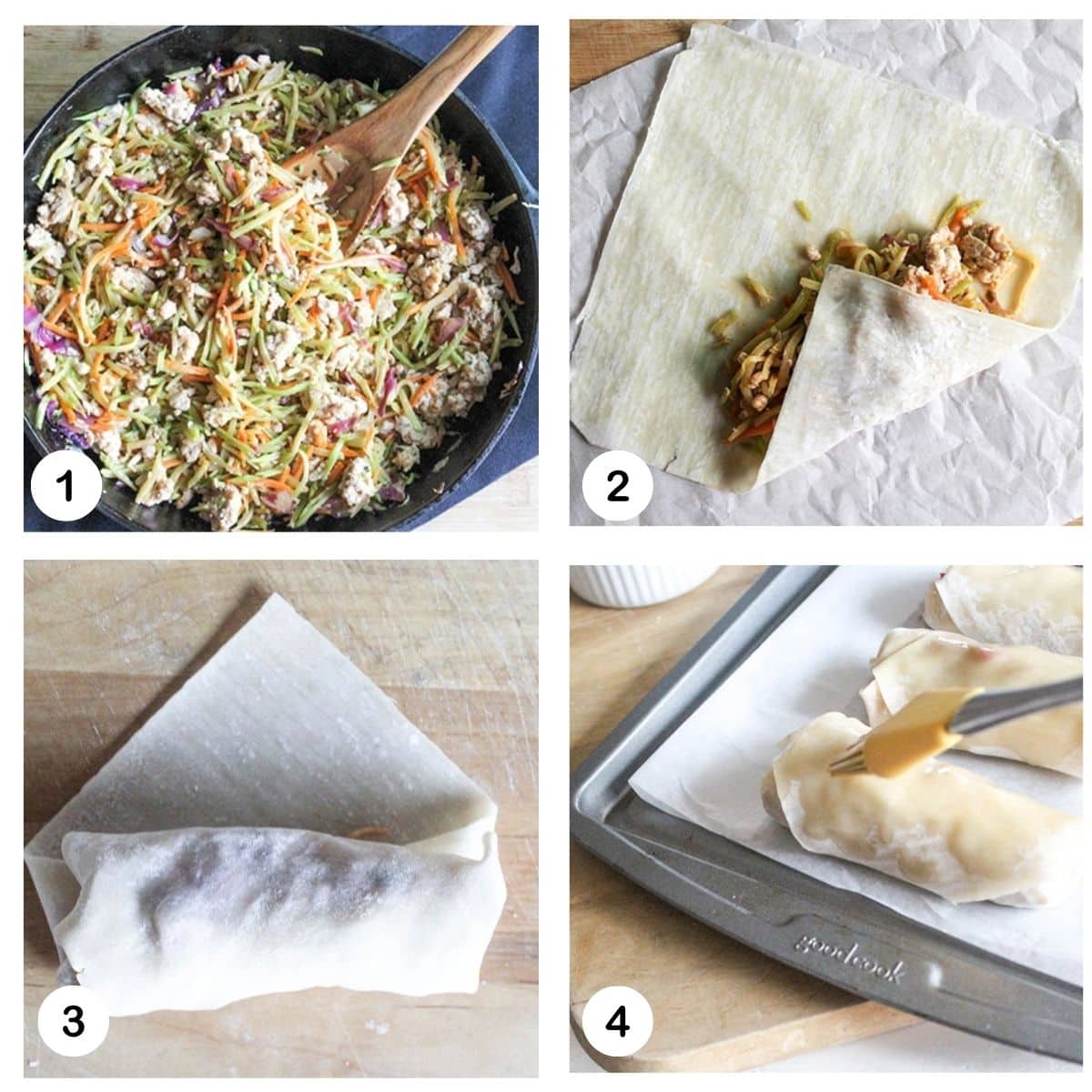 a collage of photos showing the steps to make buffalo chicken egg rolls 