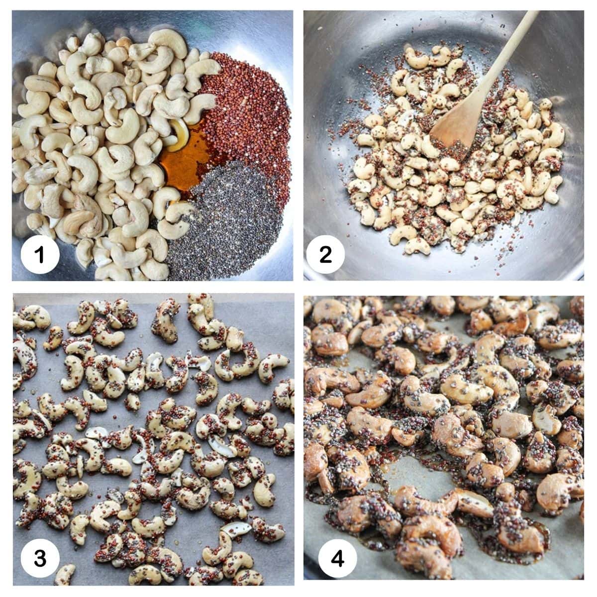 a collage of the steps needed to make the maple glazed cashews, ingredients in a bowl, ingredients mixed, spread on a sheet pan, and baked