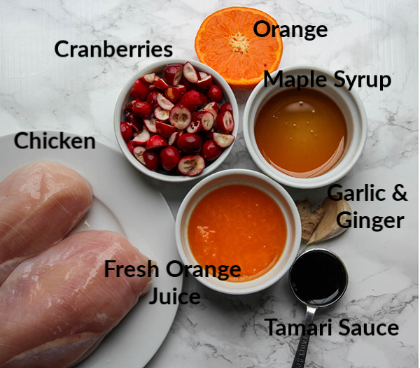 All of the ingredients for the cranberry orange chicken displayed