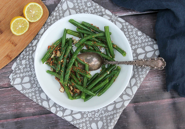 an overhead shot of Green Beans with almonds 