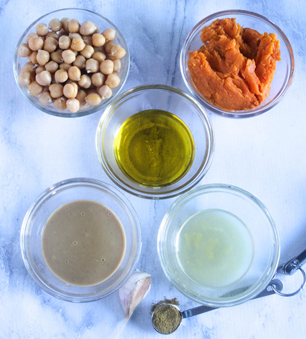 hummus ingredients, chickpeas, sweet potatoes, oil, lemon juice, tahini paste, garlic