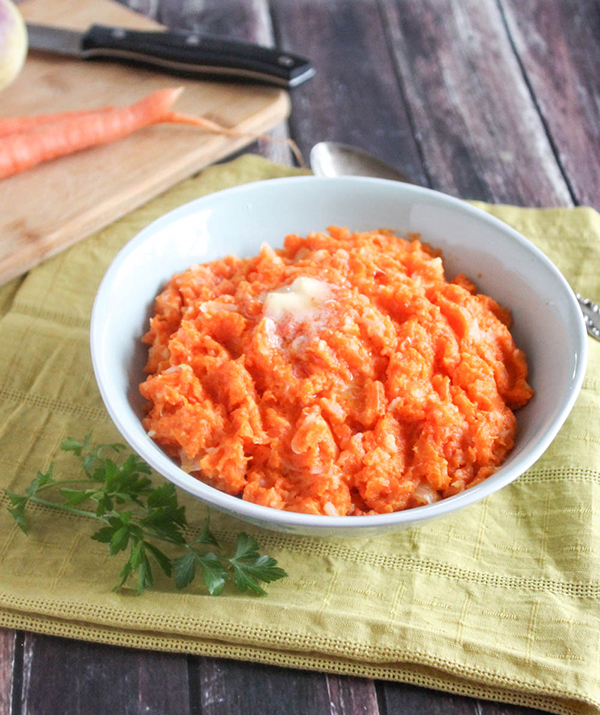 turnip and carrot mash in a bowl 