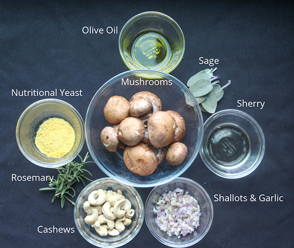 A view of the ingredients: olive oil, sage, sherry, shallots and garlic, cashews, rosemary and nutritional yeast