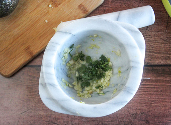 cilantro and garlic in mortar bowl