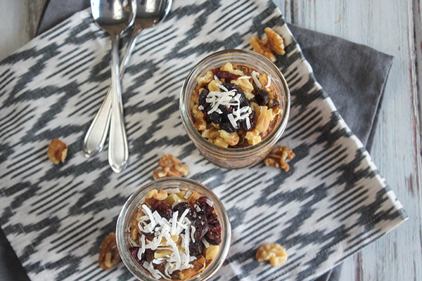 an overhead view of two jars of banana chocolate overnight oats 