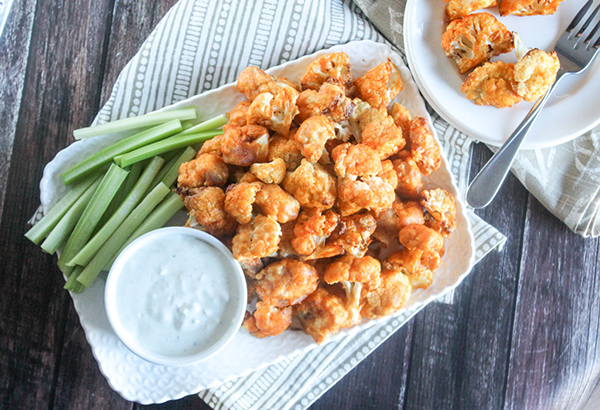 buffalo cauliflower bites on a tray