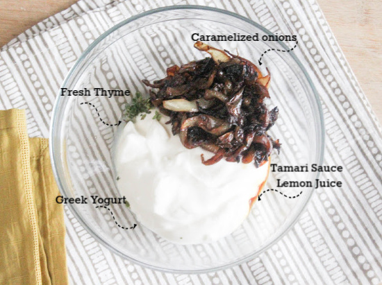 A picture of the ingredients, caramelized onions, tamari sauce & lemon juice, Fresh Thyme, Greek Yogurt