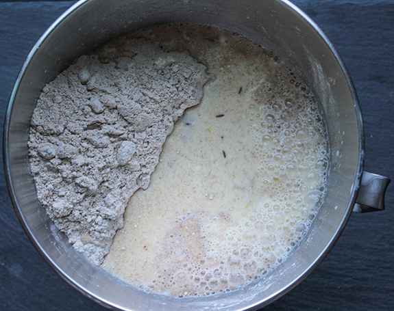 wet ingredients and dry ingredients in a bowl