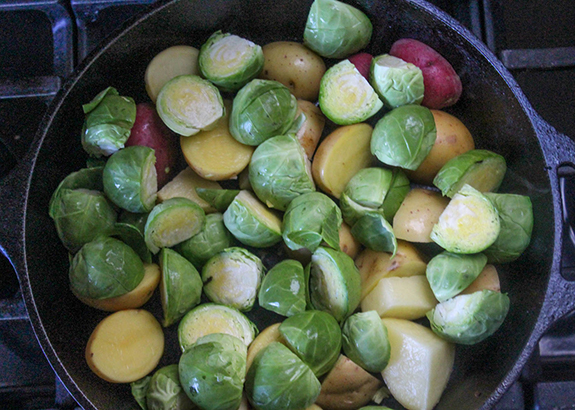 brussels sprouts and potatoes in askillet