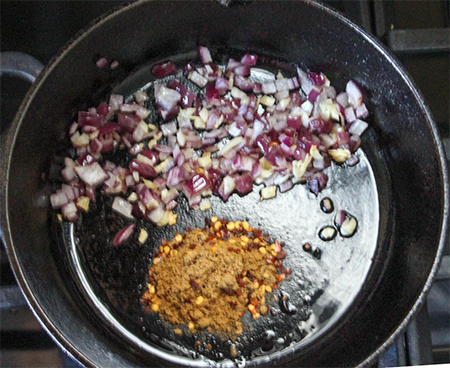 onions and garlic in pan with spices