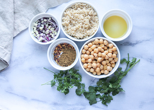 The ingredients: onions, spices, chickpeas, olive oil, blugur, cilantro and parsley