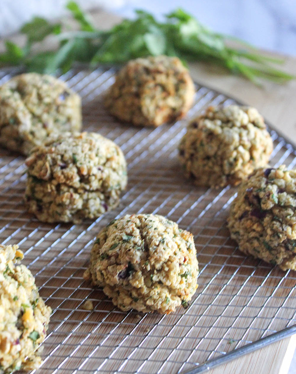 baked falalfel balls on an air fryer tray