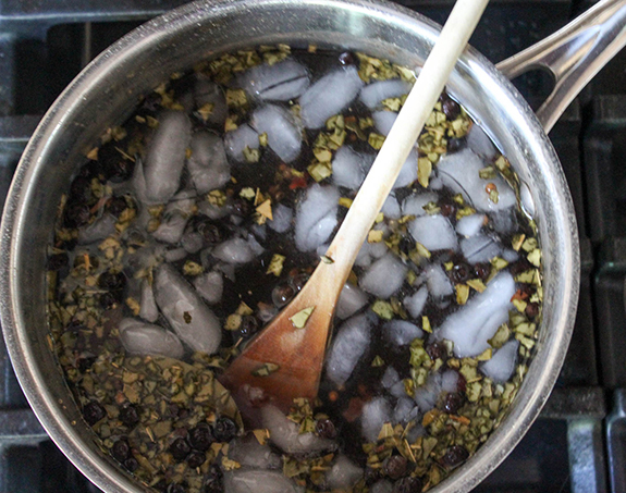 Corned beef brine with ice cubes