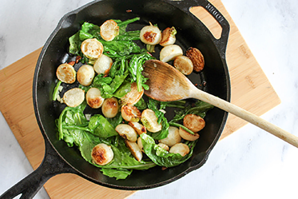 turnips and greens in a skillet