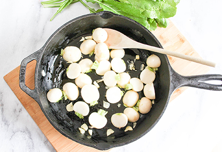 roasted turnips in a cast iron pan